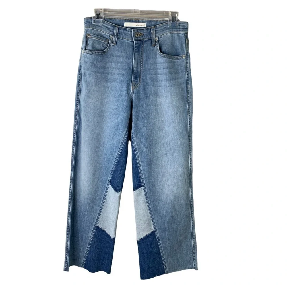Ella Moss Patchwork Light Wash Wide Leg Crop Jeans Frayed Hem Retro BoHo Sz. 27